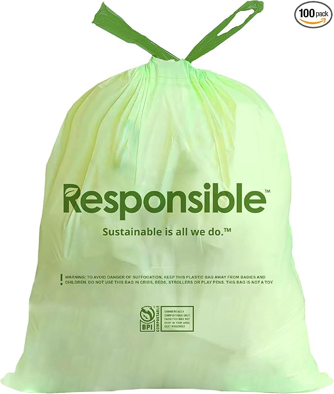 Responsible Products Kitchen Bin Liners, Certified Compostable, Heavy Duty Multipurpose Food Scrap Bags, Made from Compostable Materials (13 Gallon Drawstring, 13 Gallon (100 Count))