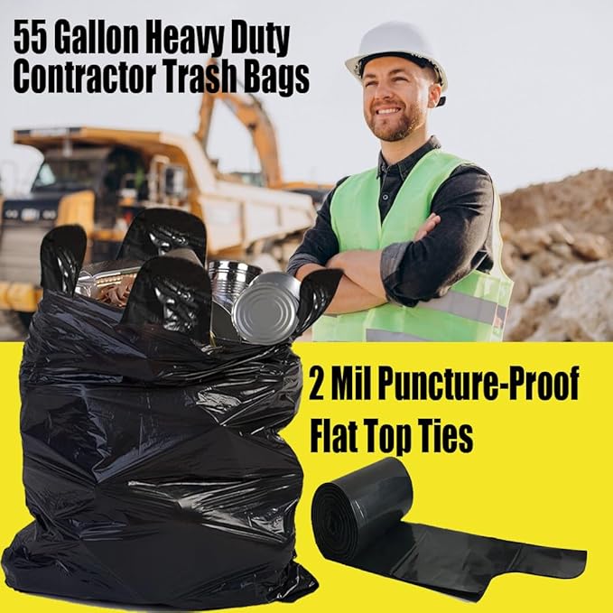 Contractor Heavy Duty Trash Bags 55 Gallon | 26 Count | 2 MIL | 36" X 56" | Large Black Flap Tie Construction Garbage Bags for Business Home Commercial, Industrial, Storage, Outdoor
