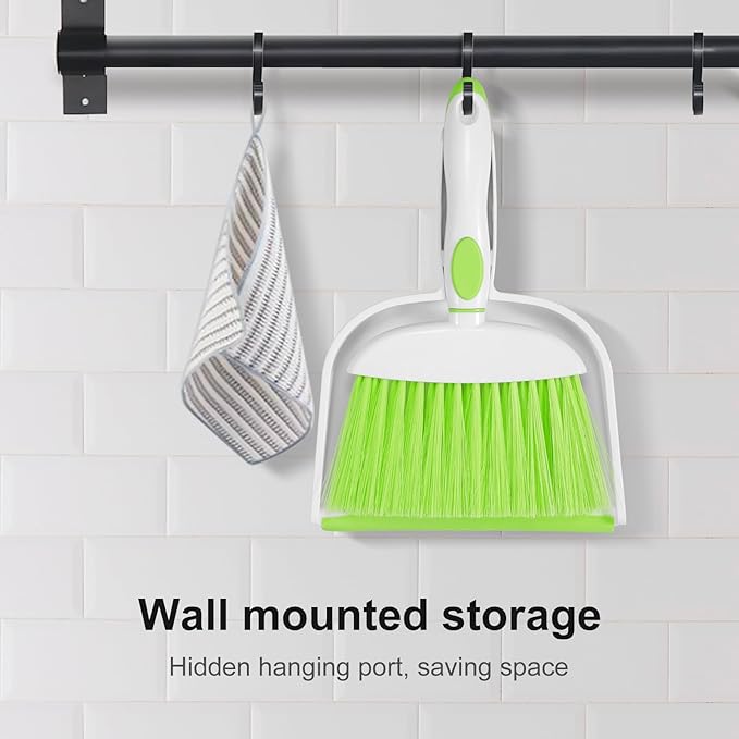 NACENA Small Dust Pan and Brush Set, Mini Broom and Dustpan Set Small Hand Broom and Brush Combo Dust Pan with Teeth for Home Cleaning Drawers Desktop Sofas Pet Care and Outdoor, Green