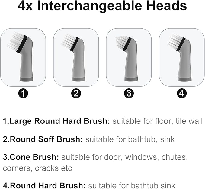 Electric Cleaning Brush with 4 in 1 Multiple Brush Heads, Indoor Household Cordless Motorized Brush for Bathroom Toilet Kitchen Tile Crevice(Black)