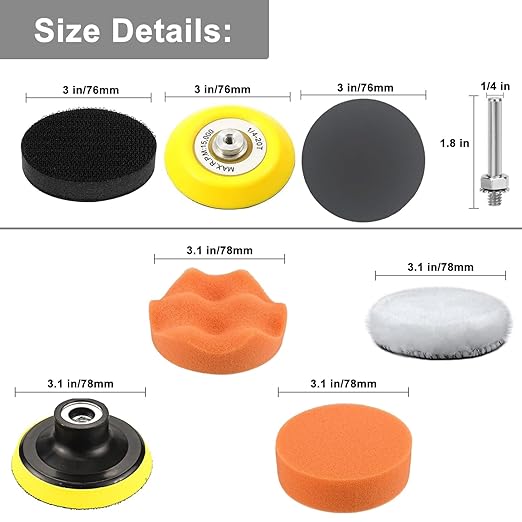 3 Inch Sanding Disc Drill Polishing Kit Sanding Attachment, 150 Pcs Wet Dry Car Headlight Restoration Kit Hook and Loop Sandpaper with 1/4" Shank, Backing Pads, Interface Pads and Polishing Pads