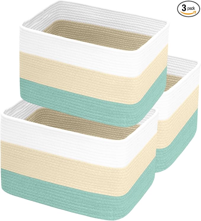 Hopegiver Woven Storage Baskets 15x11x10 Inch, 3 Pack Collapsible Cube Storage Bin for Shelves - Foldable Cotton Rope Organizer Bins for Towels, Toys, Books, Closet, Nursery (White Cream Green)