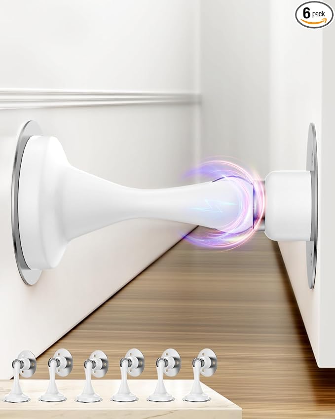 Door Stoppers Magnetic Door Catch - 6 Pack Stainless Steel Heavy Duty Door Stops for Bottom of Door, Wall & Floor Mounting No-Drill Strong Adhesive & Screws, Strong Door Holder to Keep Door Open,White