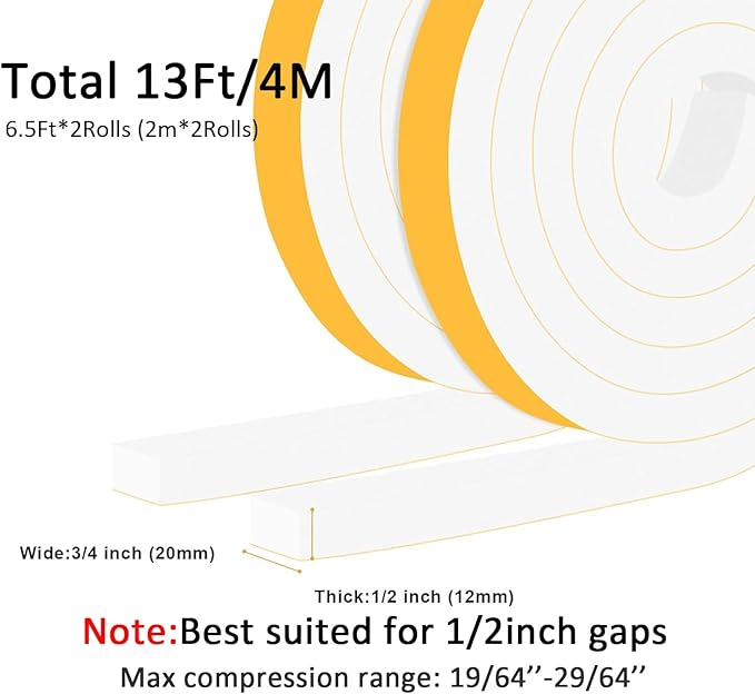 Strong Adhesive Weather Stripping for Doors and Windows, High Density Door Seal, SoundProof Weatherproof Foam Insulation Tape, Windproof, Anti-Scratch Weatherstrip (3/4 in x 1/2 in x 13Ft)