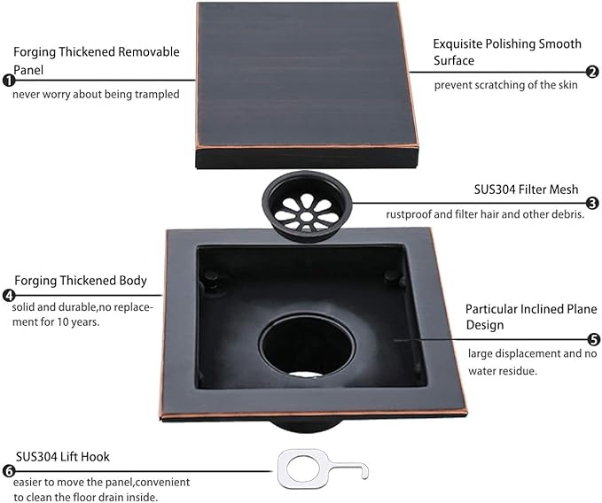 RANDOM Oil Rubbed Bronze Shower Drain Square 6 inch with Adjustable PVC Base Flange,SUS304 Stainless Steel Shower Floor Drain Kit with Tile Insert Shower Drain Cover and Hair Strainer