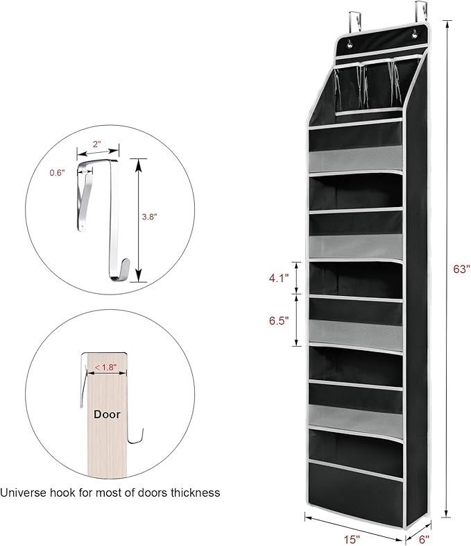 Univivi 6-Shelf Over Door Hanging Organizer Fabric Baby Door Storage with 5 Large Pockets and 3 Small PVC Pockets Wall Mount Hanging Storage Organizers for Baby Essential (Black)