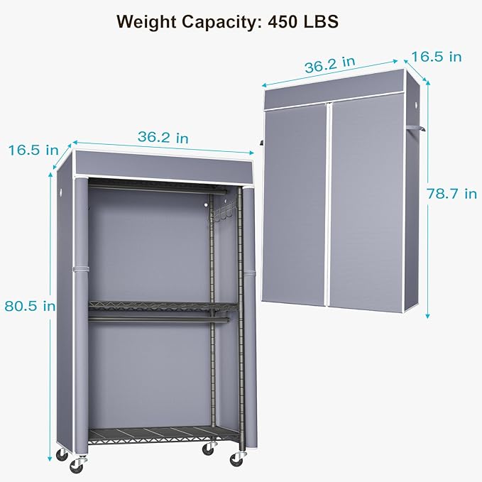 FUTASSI Black Clothing Rack with Grey Cover, P1C Rolling Closets with Wheels, Metal Garment Rack for Hanging Clothes, Clothing Storage Wardrobe, 36.2" W x 16.5" D x 80.5" H, Load 450 Pounds