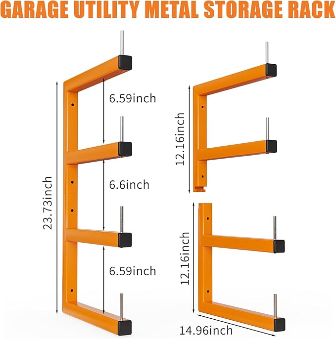 2-Pack Lumber Storage Rack, Wood Storage Racks Wall Mount, Heavy Duty Garage Wood Organizer With 4-Level System, Orange Utility Rack Organization Up 800 Lbs, Metal Lumber Shelf for Indoor and Outdoor