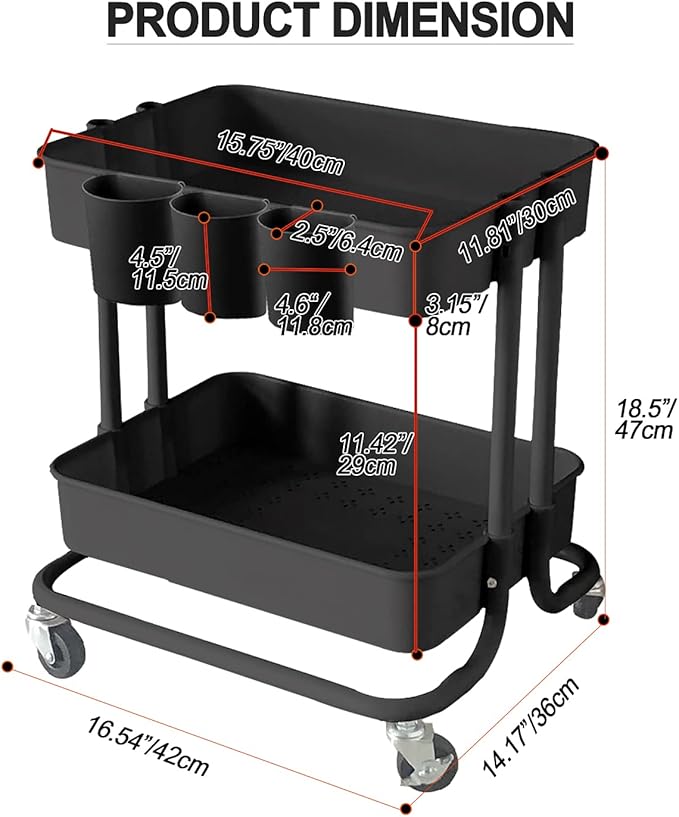 Melody House 2-Tier Utility Rolling Cart Storage Sofa Side Table with Wheels, Mobile Trolley Organizer with for Office Home Kitchen Organization, Black