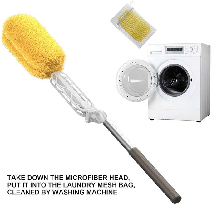 Long Handle Duster with 2 Replacement Heads, Washable Cleaning Duster Kit with Laundry Mesh Bag, Cobweb Duster, Extendable Dusting Tool for Home and Office