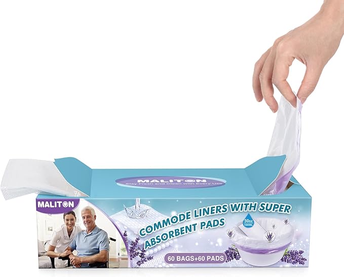 Maliton Bedside Commode Liners with Absorbent Pads, 60 Pack Disposable Bags and 60 Super Absorbent Pads, Vanilla-Scented Portable Sanitary Bag for Adult Toilets and Camping Toilets (60Bags+60Pads)