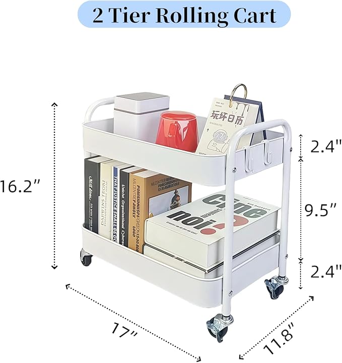2 Tier Metal Rolling Cart with Wheels for Under Desk Storage & Pantry Storage, High Load-Bearing Kitchen Utility Cart for Small Space, Laundry Room Organization Side Table with 4 Hooks, White