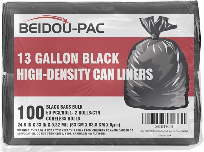 13 Gallon Trash Bags, 100 Count Black Tall Kitchen Garbage bags, Multi-purpose Trash Can Bin Liners for Bathroom, Office, Industrial, Commercial, Janitorial, Municipal, Recycling