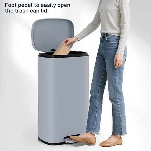 Arlopu 8/13.2 Gallon Step Trash Can, Stainless Steel Garbage Bin, Soft-Close Rubbish Bin with Removable Plastic Inner Bucket, Fingerprint-Proof, Lid Dustbin, Suit for Kitchen Home (Haze Blue, 30L)