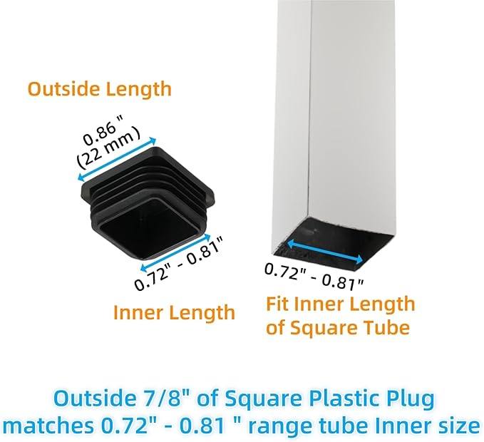 Furnigear Plastic Plugs Tubing End Cap Chair End Caps Outside Bottom Tubing Caps Square Furniture Sliders Glides Black (40, Fit 0.72-0.81" Square Tube Inner Size)