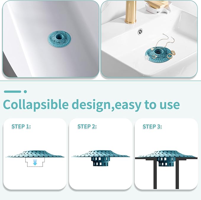 Shower Hair Drain Catcher, Silicone Bathtub Drain Hair Catcher Strainer, All-in-one Tub Hair Catcher Drain Protector for 1.48'' to 1.76'' Regular Drains, 3PCS/Light Blue
