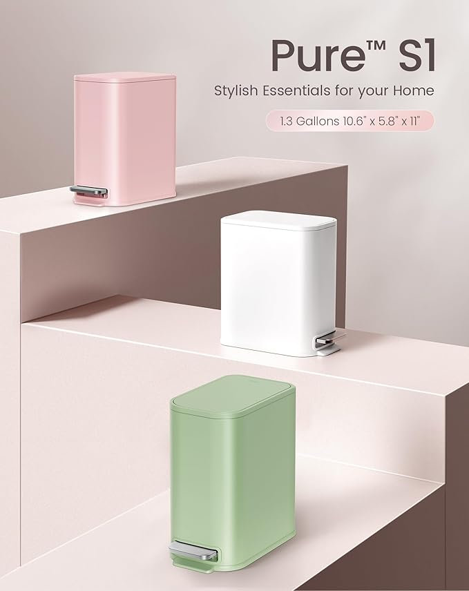 Cesun Small Bathroom Trash Can with Lid Soft Close, Step Pedal, 5 Liter / 1.3 Gallon Stainless Steel Garbage Can with Removable Inner Bucket, Waste Basket for Bathroom, Bedroom (Pink)