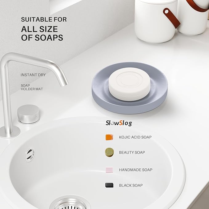 Diatomite Soap Dish Holder, Water Absorbent Stone Soap Dish, Quick Dry Stone Soap Holder, Diatomaceous Earth Bath Tray for Hand Soap, Sponge Holder, Gray