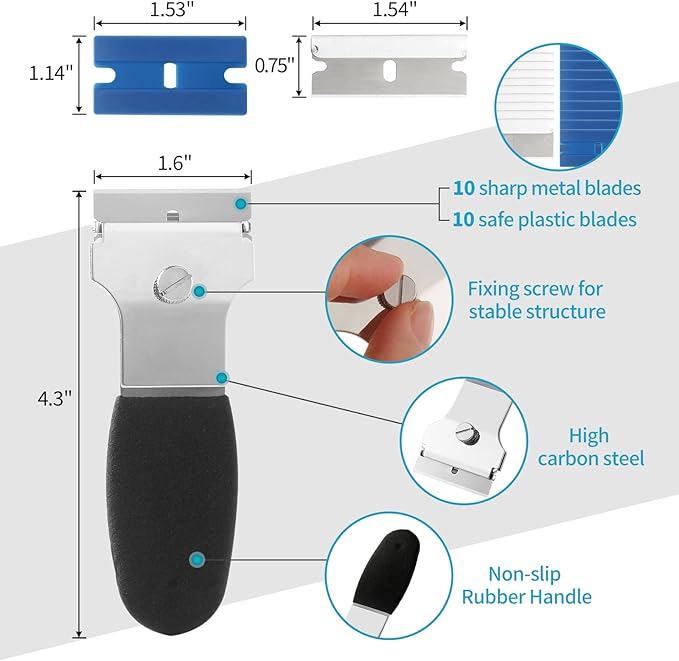 2 Pack Razor Blade Scraper, Multi-Purpose Cleaning Remover Tool, with 10 Metal & 10 Plastic Blades, for Glass Caulk, Adhesive, Wall, Stovetop, Paint, Window, Sticker, Tile, Label Decals