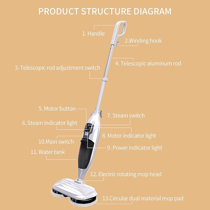 Steam Mop with 13 Accessories,Steam Cleaner for Home,Floor Scrubber spin mop for Hard Floors Deep Cleaning,30 Second Heat-Up,4 Washable Mop Pads for Home Use, 550ml Capacity