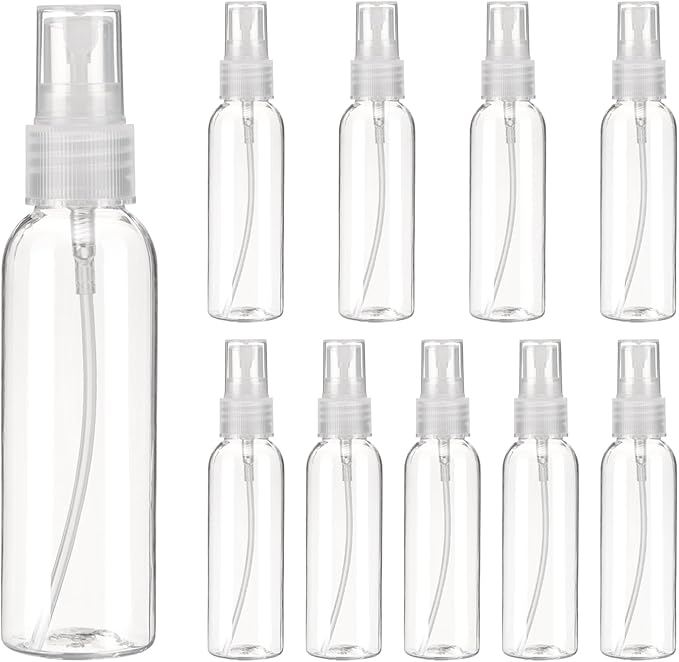uxcell 10Pack Spray Bottles, 2Oz/60ML Reusable Clear Empty Mist Plastic Mini Travel Bottle Set,Small Refillable Liquid Containers for Household Use, Essential Oil, Cleaning (Transparent)