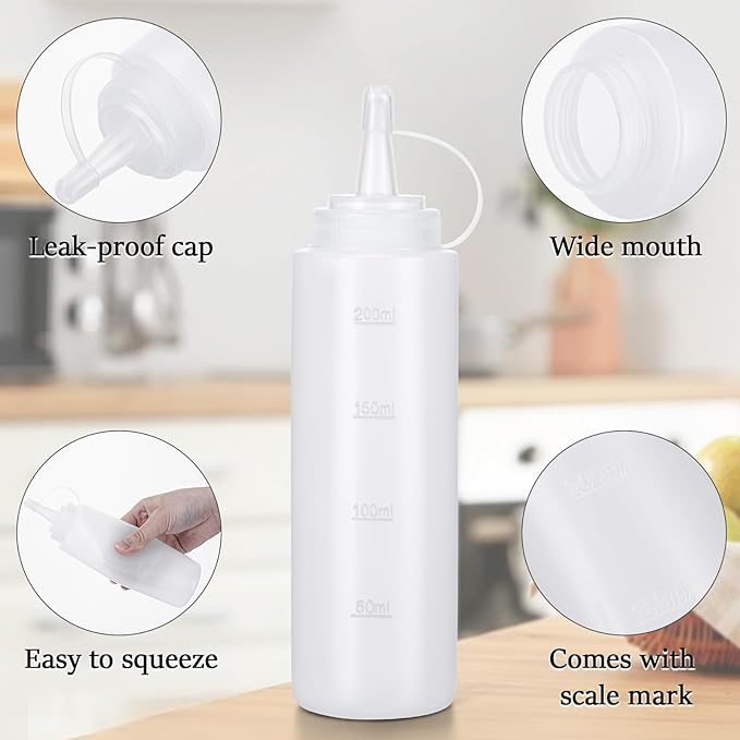 Condiment Squeeze Bottles Ketchup Dispenser, 4 Pack 8oz Squeeze Bottles for Liquids, Plastic Sauce Bottle with Cap Lid, Squirt Bottles for Sauces Liquids BBQ Dressing Pancake Art