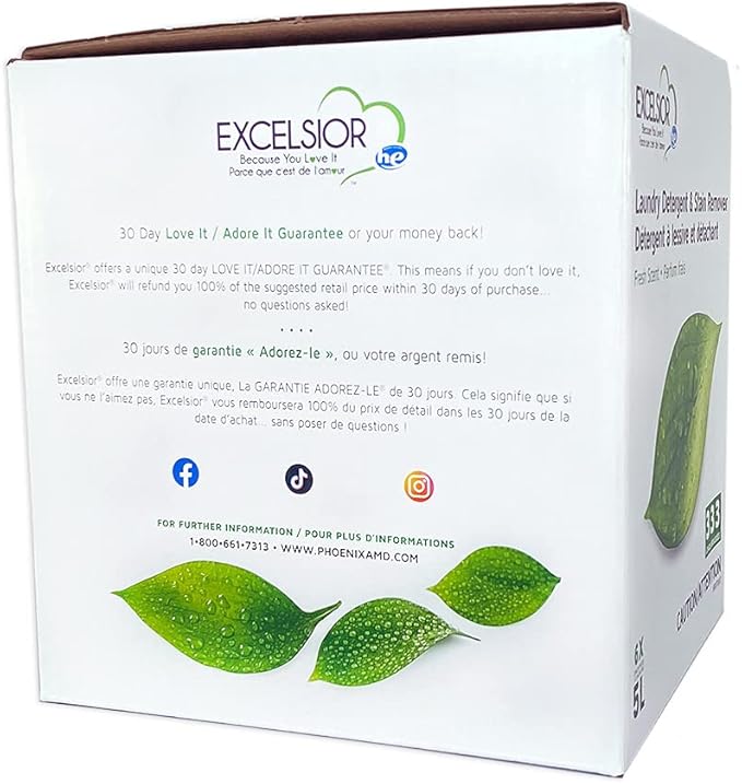 Excelsior (Because You Love It) HE Concentrated Liquid Laundry Detergent with Stain Remover, Removes 333 Loads for Cleaning Clothes, Phosphate-Free, Solvent-Free, Fresh Scent, 5L (1 Pack - New Look)…