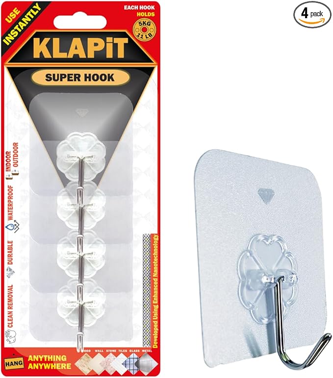 KLAPiT Super Hook - Heavy-Duty Adhesive Wall Hooks, Holds Up to 11 lbs, Waterproof, No Damage, Easy Install on Tile, Wood, Stone, Glass & Metal - Made of Steel (Clear, 4pc)