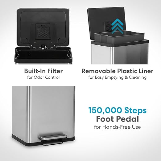 SIMPLI-MAGIC 50 Liter / 13.2 Gallon Soft-Close, Smudge Resistant Trash Can with Foot Pedal and Built in Filter- Stainless Steel, Sleek Finish