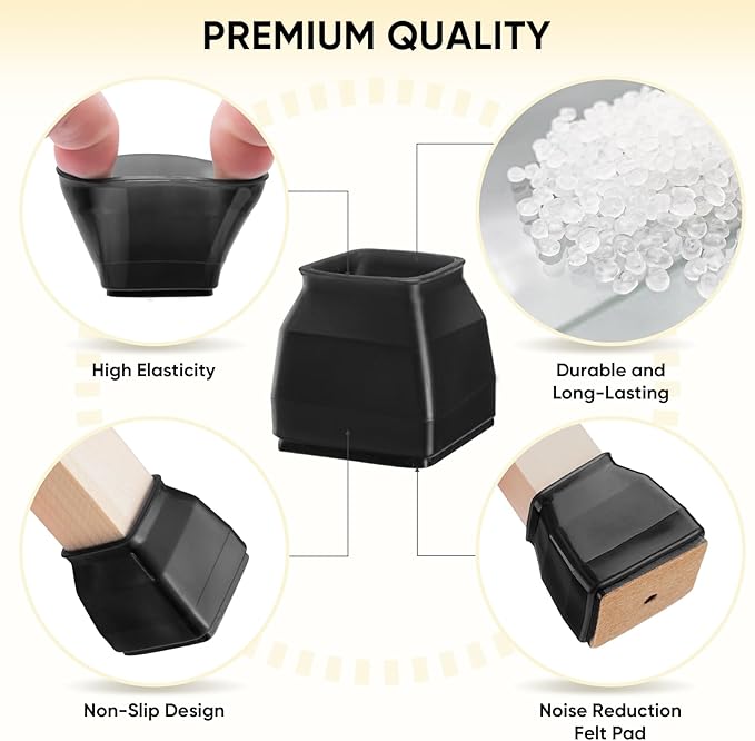 BALEINE 32 Pack Silicone Chair Leg Floor Protectors, Stool Leg Protectors Cap, Non-Slip Chair Leg Caps for Hardwood Floors (Black & Large (Square), 32 Pack)