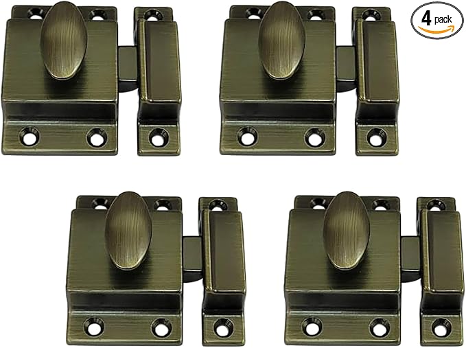 QCAA Traditional Large Oval Turn Cabinet Latch, Solid Brass, 2", for Cupboard & Other Furniture, Brushed Antique Brass, 4 Pack, Made in Taiwan