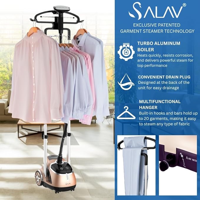 SALAV® Professional Garment Steamer for Clothes with Foot Pedal Control, Stainless Steel Steam Plate, Retractable Power Cord, 1.8L Water Tank for 1hour Steam Time, Wheels for Easy Movement, Gold