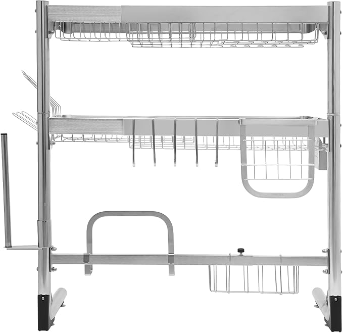 Over The Sink Dish Drying Rack, 2-Tier Stainless Steel Dish Drainer for Kitchen, Multifunctional Organizers, Chopstick Cage, Cup Holder, Cutting Board Holder, Knife Holder, 21''-33''Adjustable Length