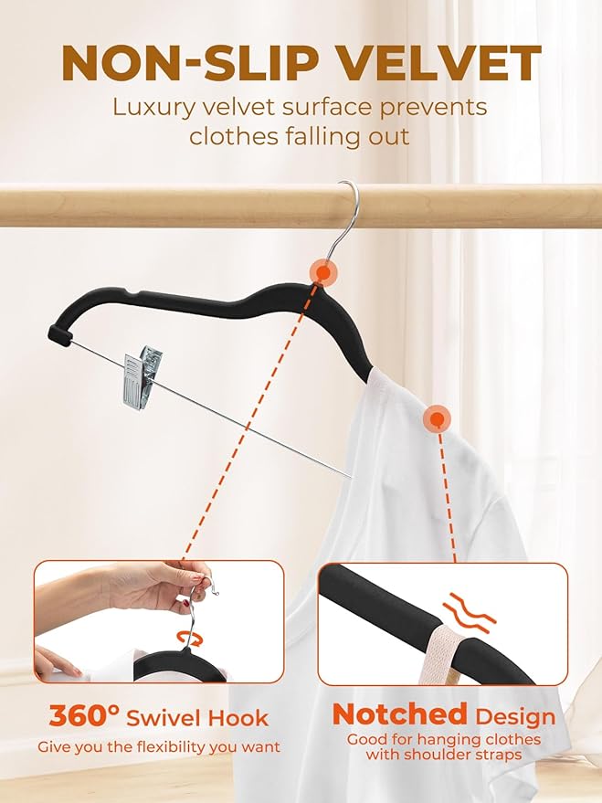 HOUSE DAY Velvet Skirt Hangers 12 Pack, Black Velvet Pant Hangers with Adjustable Clips, Space Saving Slim Shorts Hanger, Heavy Duty Non Slip Clip Hanger for Pants, Skirts, Shorts
