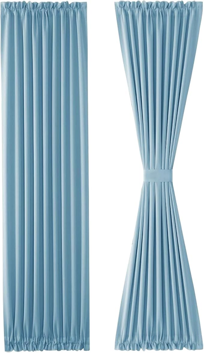 DWCN French Door Curtains – Rod Pocket Thermal Blackout Curtain for Doors with Glass Window, Kitchen and Patio Doors for Privacy, 25 X 72 Inches Long, 1 Curtain Panel with Tieback, Light Blue