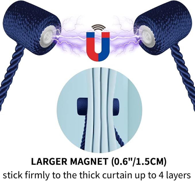 18 Inch Strong Magnetic Curtain Tiebacks, Curtain Holdbacks Modern Upgrade Strong 2021 New Twisted Style Decorative Drapery Rope Tie Backs(4 Pack Navy Blue)