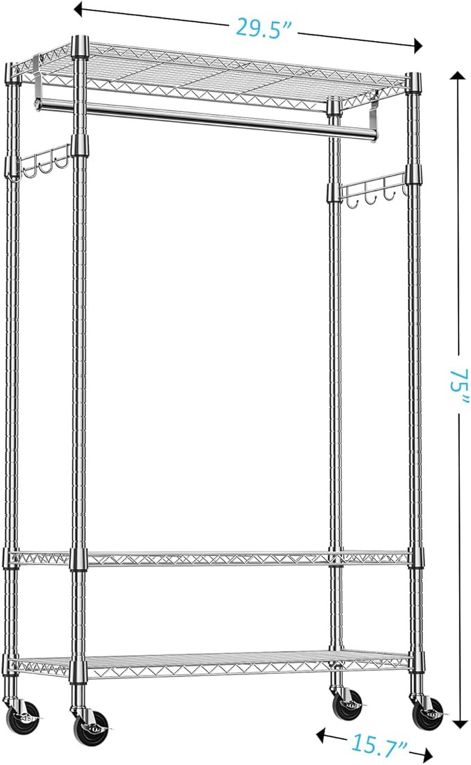 IZEUK Heavy Duty Rolling Garment Rack with 3 Adjustable Wire Shelves, Hanging Rod & Side Hooks - Mobile Clothes Rack with Wheels, 29.5" W x 15.7" D x 75" H,Chrome