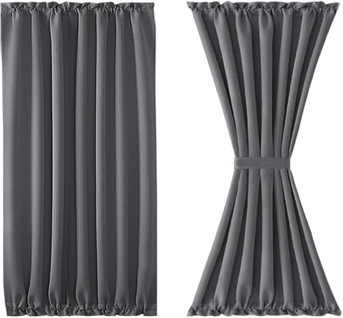 DWCN French Door Curtains – Rod Pocket Thermal Blackout Curtain for Doors with Glass Window, Kitchen and Patio Doors for Privacy, 54 X 40 Inches Long, 1 Curtain Panel with Tieback, Grey