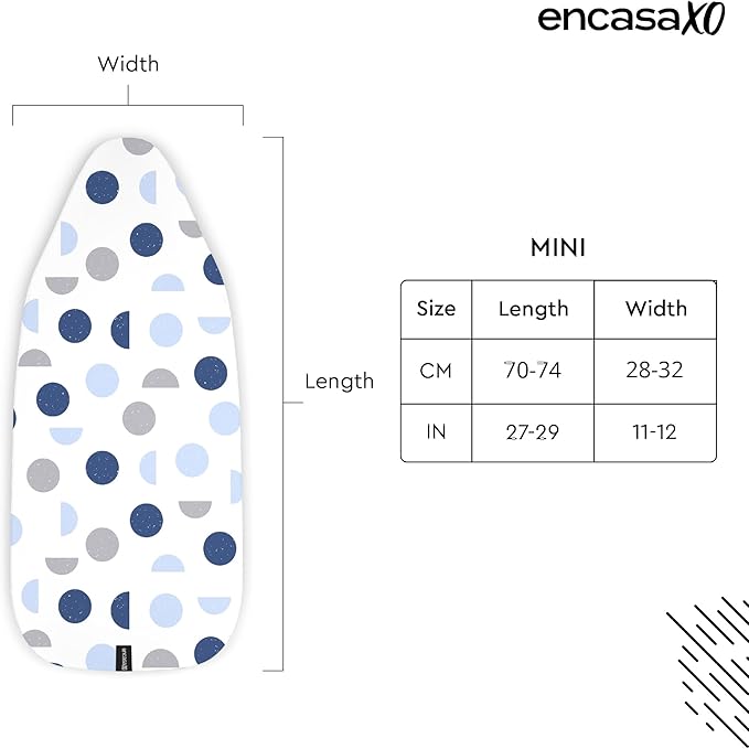Encasa XO Ironing Board Cover and Pad 28"x12" - Thick 3mm Felt Padding, Drawstring Tightening & Lock, Easy Fit, Scorch & Stain Resistant, Fits Mini Ironing Board - Blue Moon
