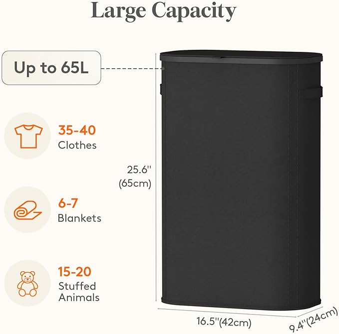 Lifewit 65L Slim Laundry Basket with Lid, Narrow Large Laundry Hamper with Plastic Handles and Removable Bag, Tall Foldable Dirty Clothes Hampers for Laundry Room, Bedroom, Bathroom, Dorm, Black