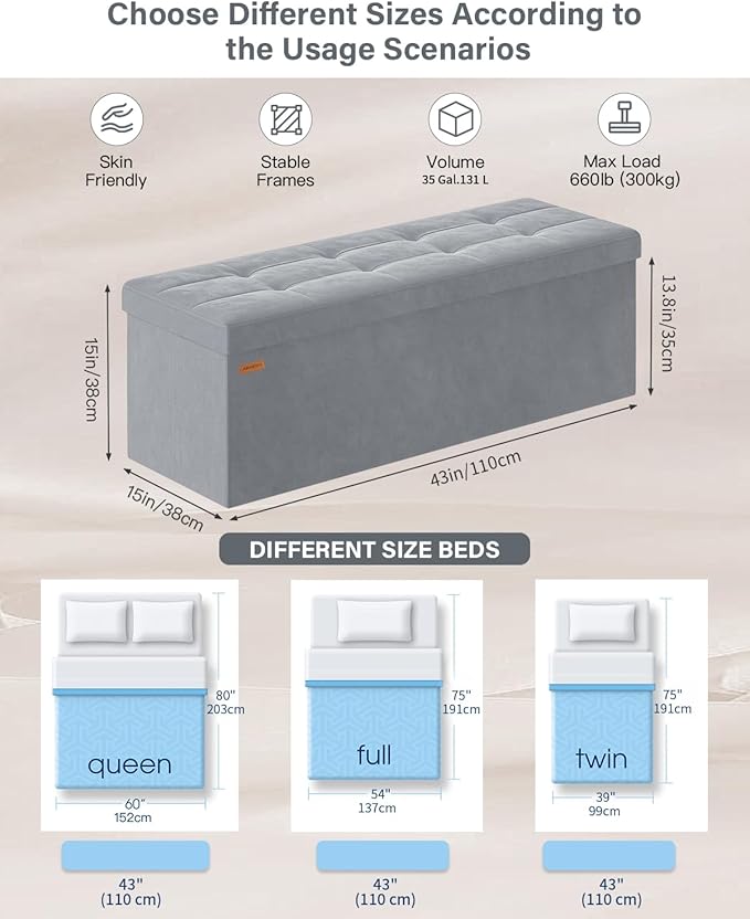 Folding Storage Ottoman, Velvet Storage Bench, Footrest, Removable Divider, for Living Room, Bedroom, 15 x 43 x 15 Inches, 660 lb Load Capacity, Dove Gray UASND02G