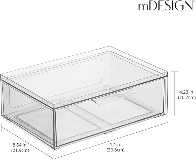 mDesign Plastic Wide Stackable Kitchen Storage Organizer Bin Containers with Front Pull Drawer for Cabinet, Pantry, Fridge, Freezer, Shelf, Refrigerator Organization, Lumiere Collection, 4 Pack, Clear