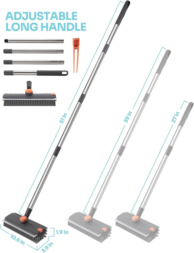 3-in-1 Floor Scrub Brush with Long Handle, Scrape and Heavy-Duty Stiff Bristle Floor Scrubber Brush, Floor Brush with Squeegee and Tweezerfor Cleaning Bathroom, Garage, Wall and Deck