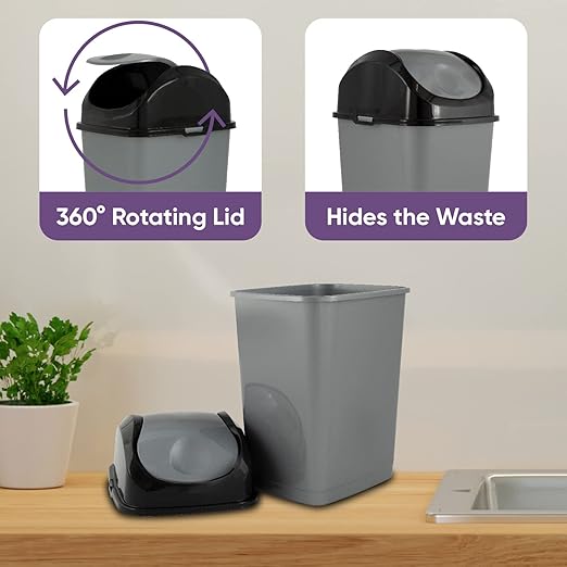 Superio Mini Plastic Trash Can with Swing Top Lid 1.25 Gallon Compact Small Waste Bin Portable Garbage Can for Countertop, Desktop, Make up Vanity, Bathroom, Car, Under Sink, Dorm 5 Qt. (Grey/Black