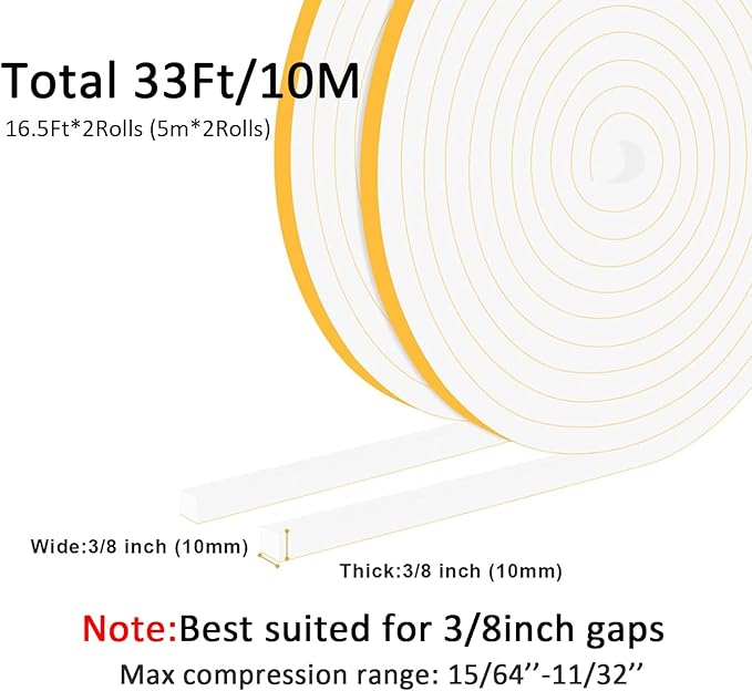 Door Weather Stripping for Doors and Window, Window Insulation Door Seal Tape, Self Adhesive Foam Gasket Tape, Foam Seal Strip Sliding Door Weather Strip, Energy-saving(3/8 in x 3/8 in x 33Ft)