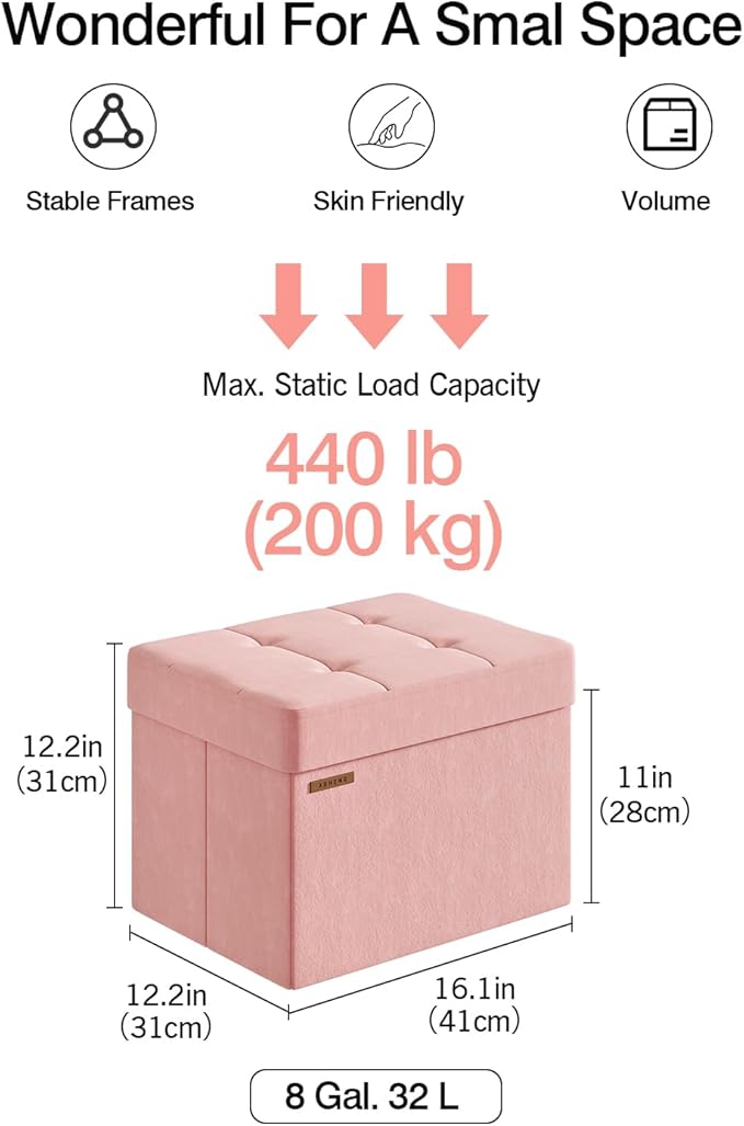 Folding Storage Ottoman, Velvet Storage Bench, Footrest, Foot Stool,for Living Room, Bedroom and Office,12.2 x 16.1 x 12.2 Inches, 200 kg Load Capacity,Jelly Pink,UASND03P