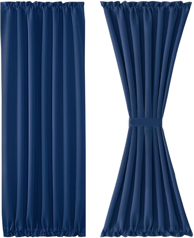 DWCN French Door Curtains – Rod Pocket Thermal Blackout Curtain for Doors with Glass Window, Kitchen and Patio Doors for Privacy, 54 X 72 Inches Long, 1 Curtain Panel with Tieback, Classic Blue