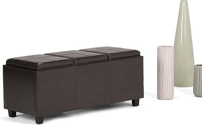 SIMPLIHOME Avalon 42 inch Wide Contemporary Rectangle Storage Ottoman in Tanners Brown Vegan Faux Leather, Assembled, for the Living Room, Entryway and Family Room