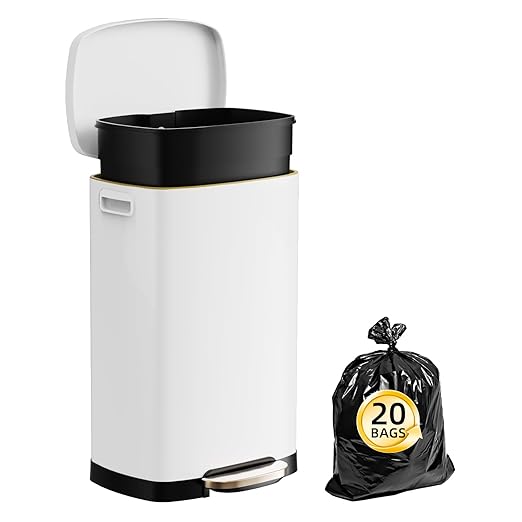13 Gallon Trash Can with Lid, 50L Fingerprint Proof Stainless Steel Kitchen Trash Can with Removable Inner Bucket and Lid Soft Close, Pedal Rubbish Bin for Home Office, White