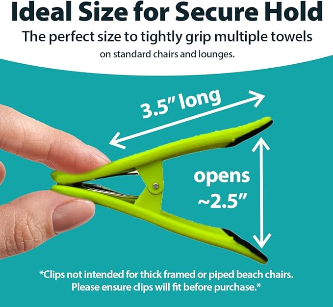 CoreClips Towel Clips for Beach Chairs - Set of 4 Pool Towel Holder Clips for Lounge Chairs on Cruise, Large 2.5” Opening Heavy Duty Clip for Towels on Boat Loungers with Travel Pouch - Green